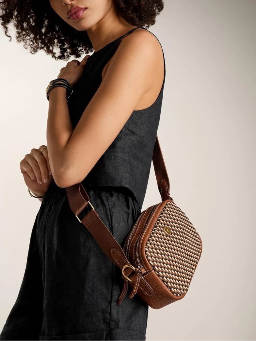 Fossil Danni Brown Woven Leather Crossbody Camera Bag Double Zip EUC
